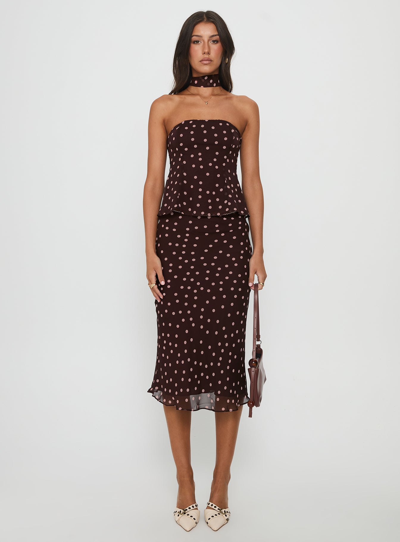 Sydni Scarf Detail Strapless Top Chocolate / Pink Polka