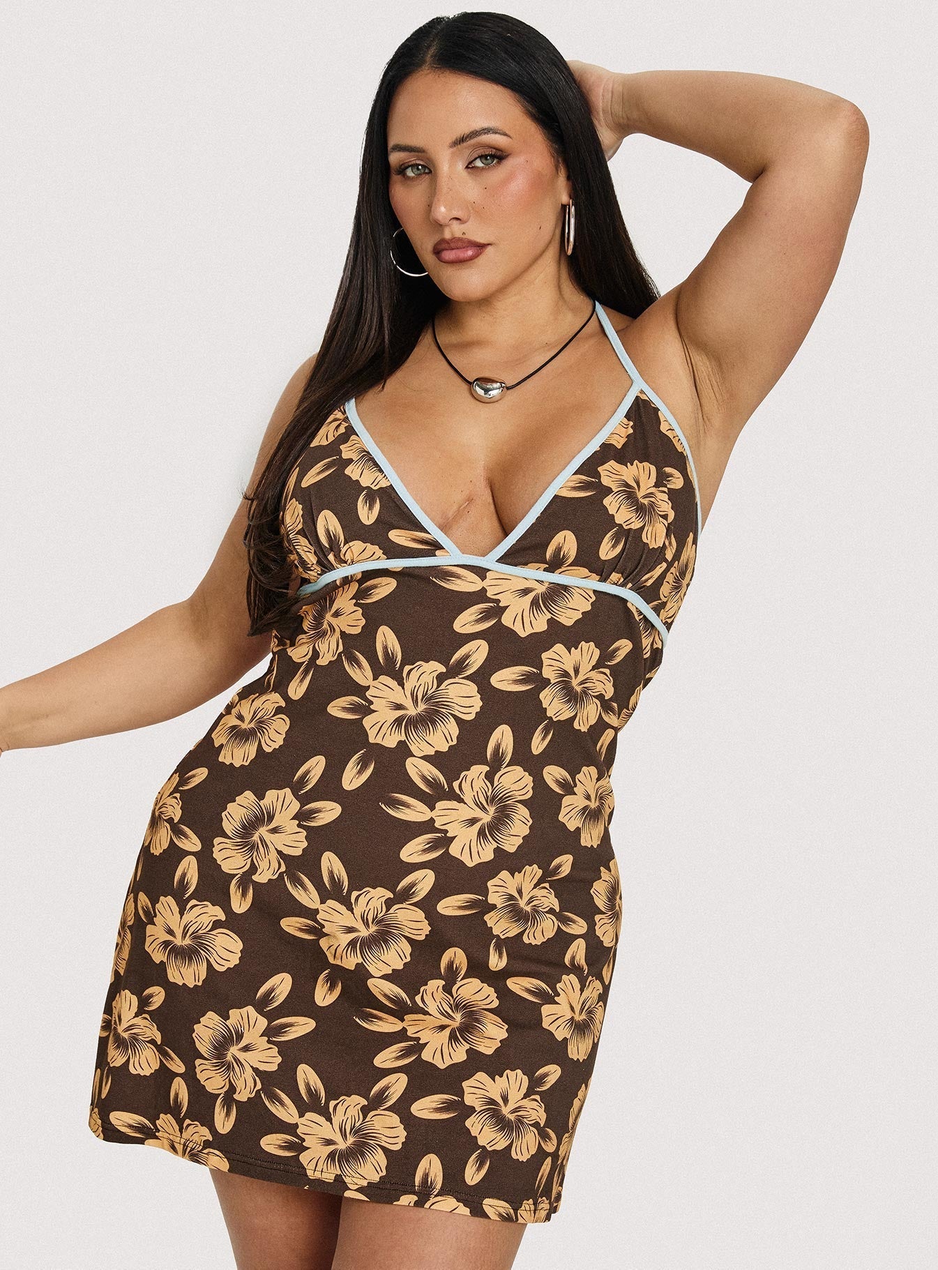 Mishie Halter Mini Dress Brown / Blue Floral Curve