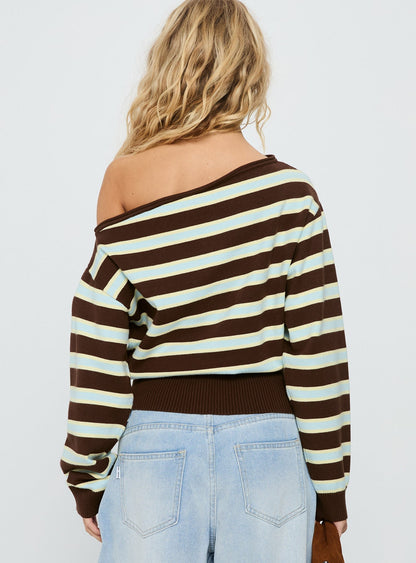 Zinia Off Shoulder Knit Sweater Brown / Blue Stripe