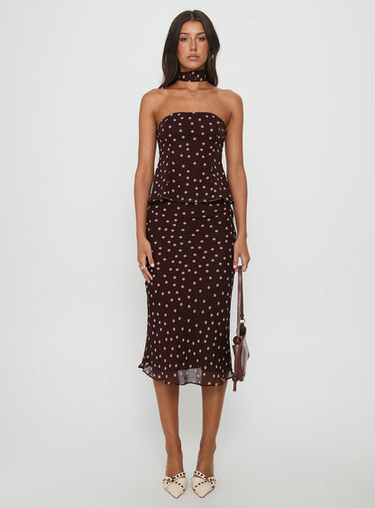 Sydni Scarf Detail Strapless Top Chocolate / Pink Polka